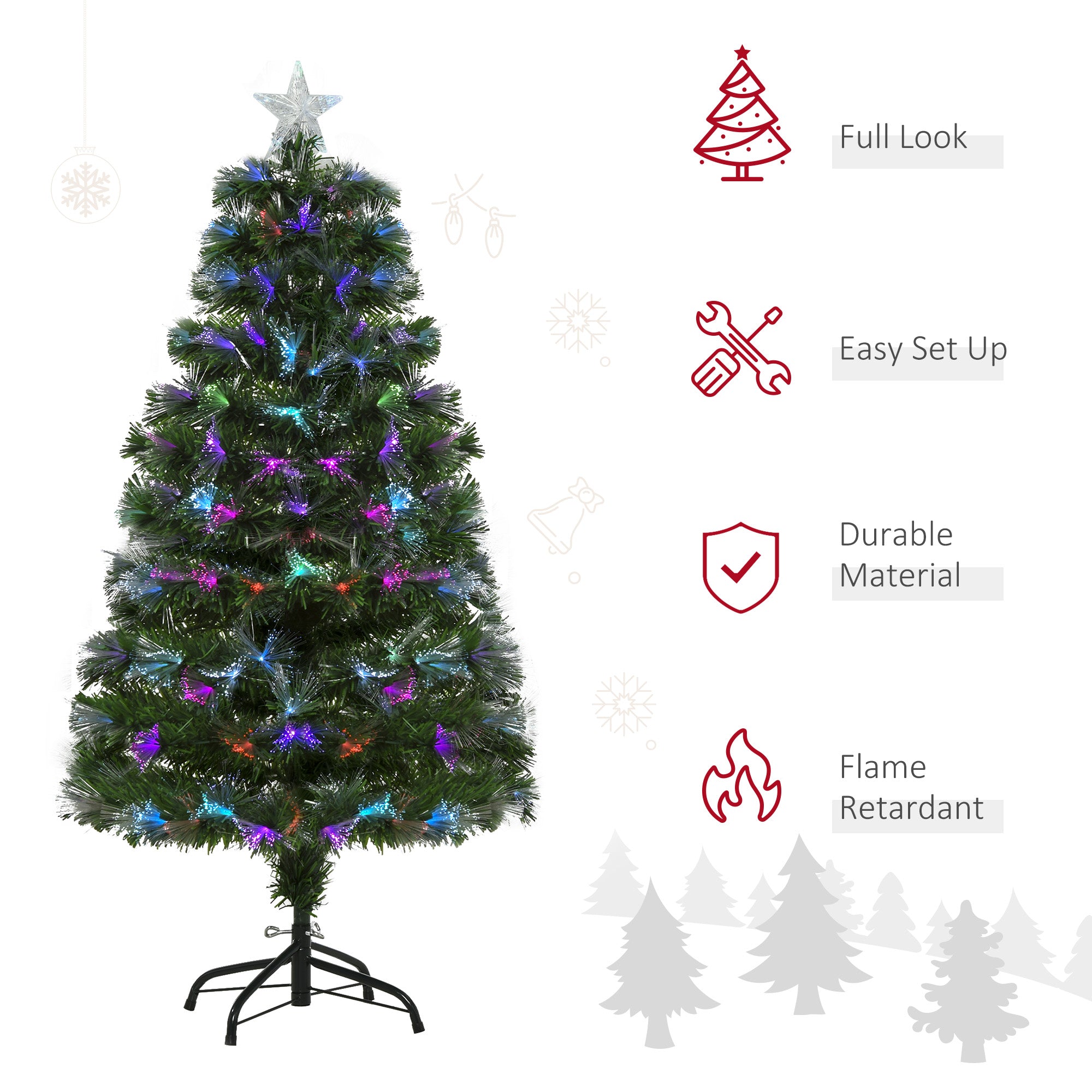 HOMCOM 4FT Multicoloured Artificial Christmas Tree w/ Fibre Optic Lights Pre-Lit Modes Metal Stand Star Holder Home Seasonal Decoration 
