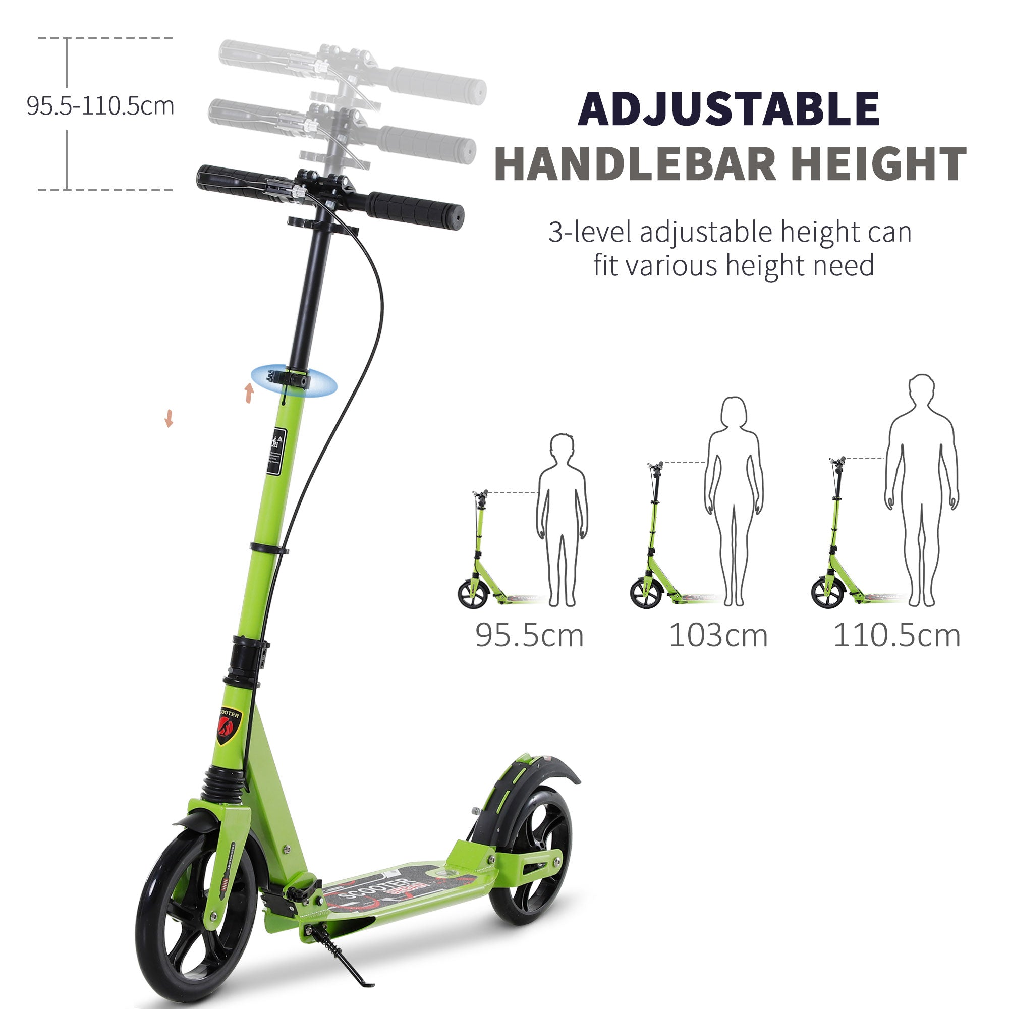 HOMCOM Kick Scooter, Folding 2 Wheel Scooter for 14+ Teens Adults, with Dual Brake System, Dual Suspension, 230mm Big Wheels, 3 Adjustable Handlebar, up to 100KG, Green 