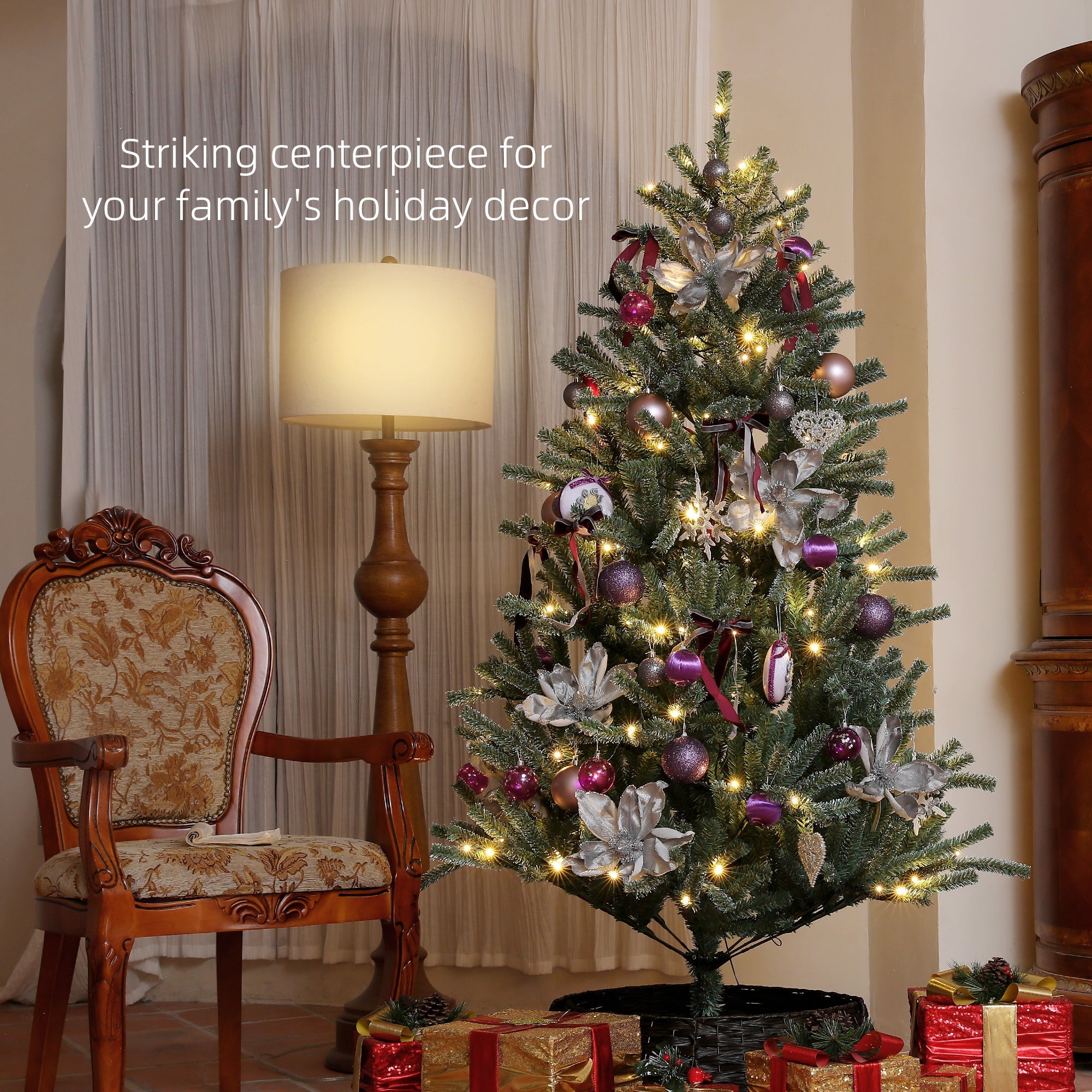 HOMCOM 6ft Artificial Christmas Tree, with Purple Decorations and Lights 