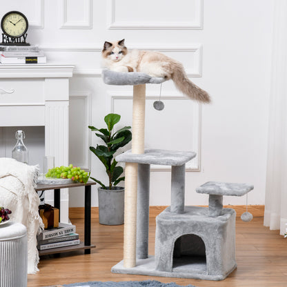 PawHut Cat Tree Tower for Indoor Cats 114cm Climbing Activity Centre Kitten with Sisal Scratching Post Perch Hanging Ball Condo Toy Light Grey 