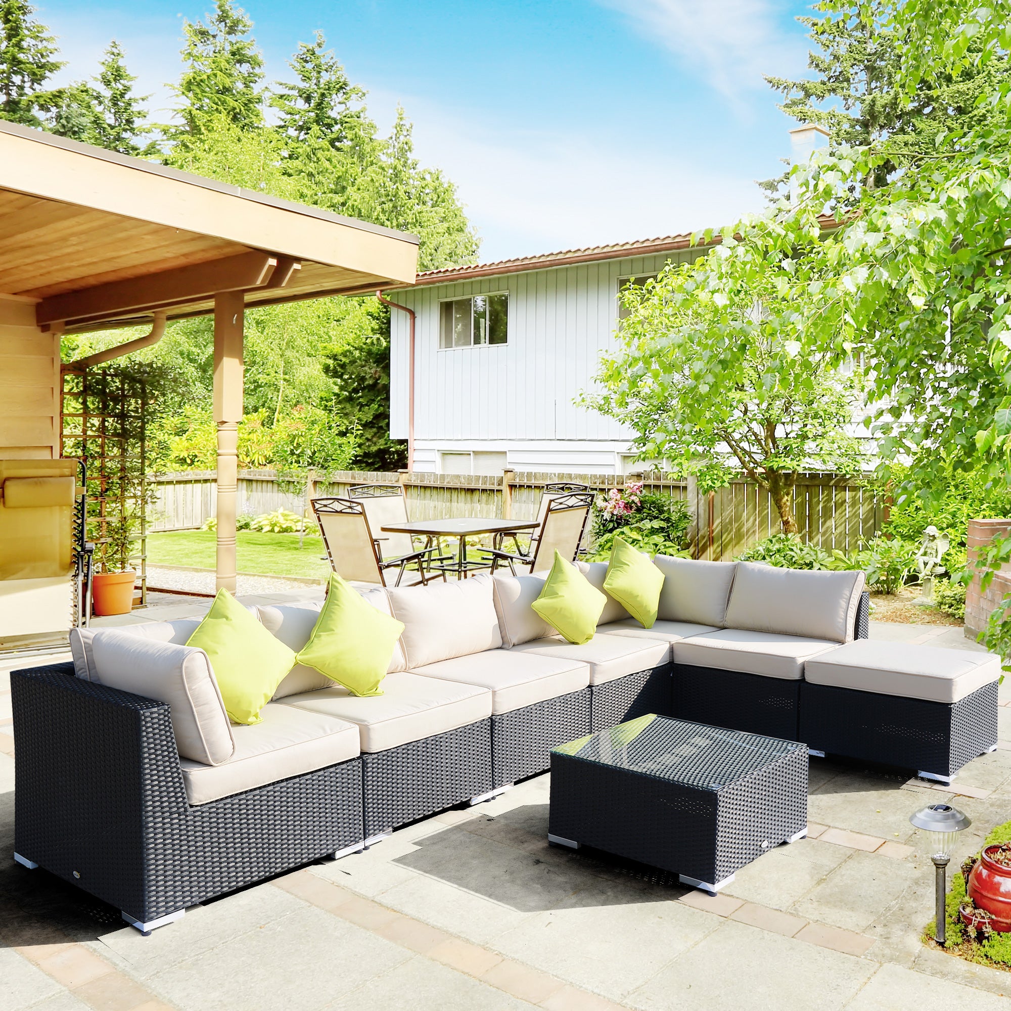 Outsunny 8 Pieces PE Rattan Corner Sofa Set with Thick Cushions, Aluminium Outdoor Rattan Garden Furniture Set with Glass Top Table, No Assembly Required, Black 