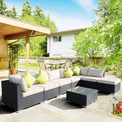 Outsunny 8 Pieces PE Rattan Corner Sofa Set with Thick Cushions, Aluminium Outdoor Rattan Garden Furniture Set with Glass Top Table, No Assembly Required, Black 