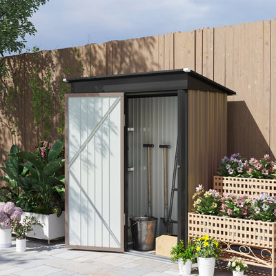 Outsunny Metal Garden Shed, Outdoor Lean-to Shed for Tool Motor Bike, with Adjustable Shelf, Lock, Gloves, 5'x3'x6', Brown 