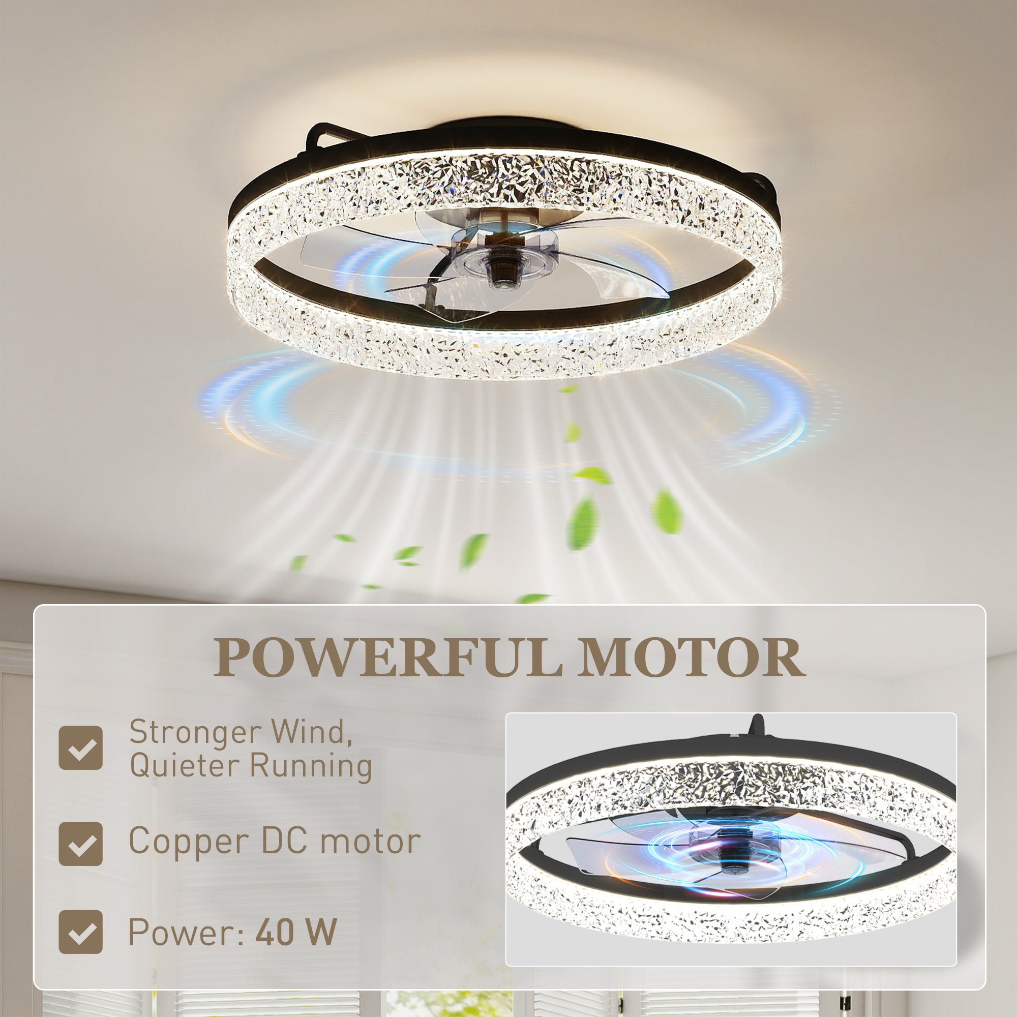 HOMCOM Ceiling Fan with Lights, Dimmable LED Mount Ceiling Fan Light with Remote App Control for Bedroom, Black 