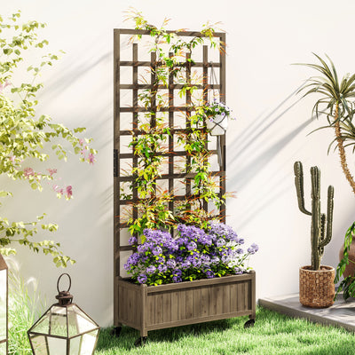 Outsunny Wooden Trellis Planter, Raised Garden Bed with Wheels, to Climb and Grow Vegetables, Herbs and Flowers, Brown 
