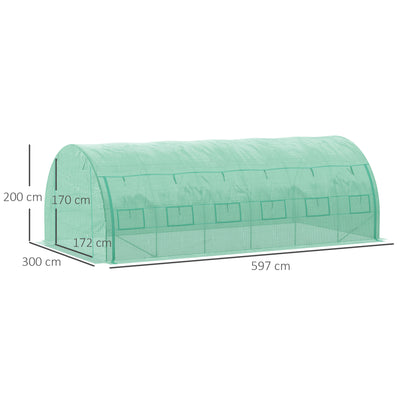 Outsunny Polytunnel Greenhouse Walk-in Grow House Tent with Roll-up Sidewalls, Zipped Door and 12 Windows, 6x3x2m Green 