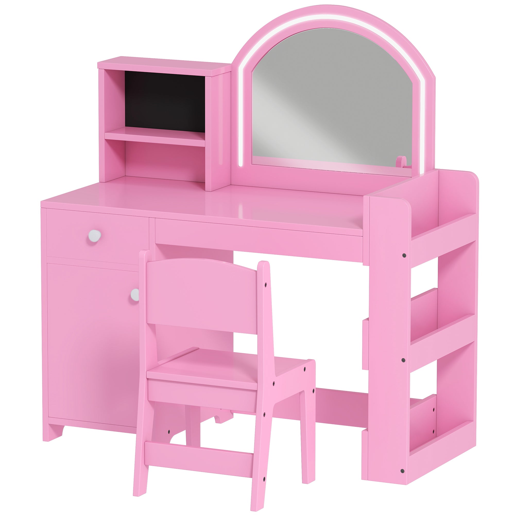 AIYAPLAY Kids Vanity Table and Chair Set, Girls Dressing Table with 2-Colour LED Mirror, Stool, Cabinet, Drawer, Shelves, Pink 