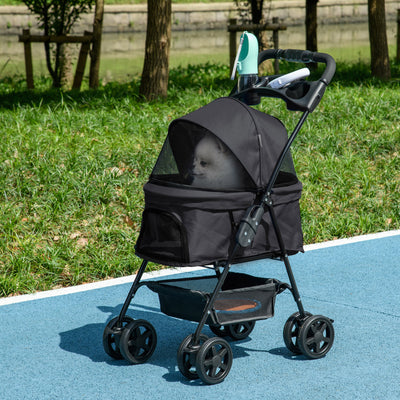 PawHut Dog Pram Dog Stroller Foldable Pet Pushchair with 4 Wheels, Safety Leashes, Cup Holder for Small Dogs, Black 