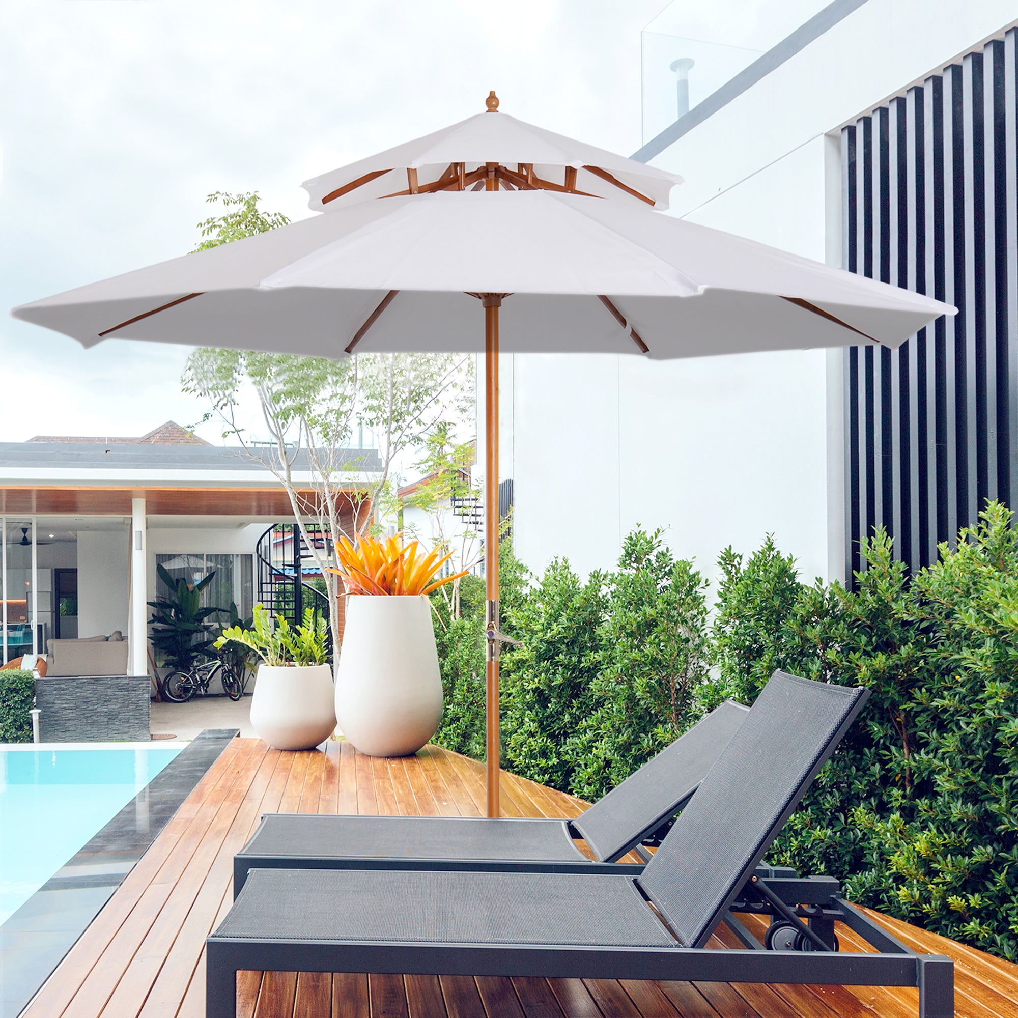 Outsunny 2.7m Elegant Wooden Frame Parasol Umbrella - Cream White 