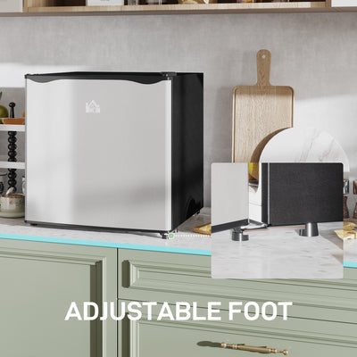 HOMCOM 46 Litre Table Top Mini Fridge, Small Fridge with Ice Box, Reversible Door, Adjustable Temperature and Legs for Bedrooms, Home Office, Silver Tone 