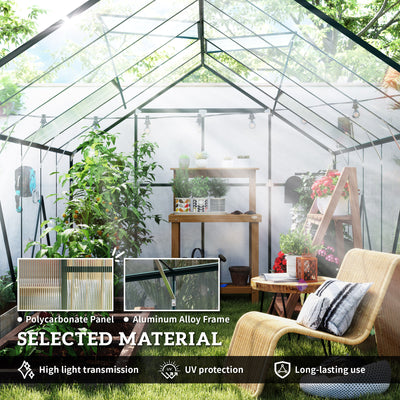 Outsunny 8 x 12ft Aluminium Greenhouse Polycarbonate Walk-in Garden Greenhouse Kit with Adjustable Roof Vent, Double Sliding Door, Rain Gutter and Foundation, Clear 