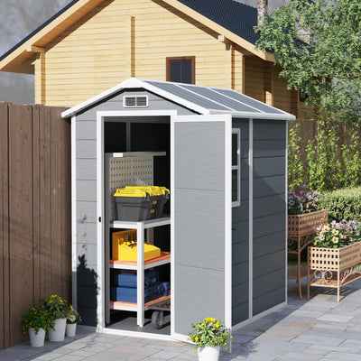 Outsunny 4 x 6ft Garden Shed, Plastic Shed with Floor, Window, Lockable Door and Vents, Resin Tool Shed for Outdoor Patio Storage, Zero Maintenance, Grey 