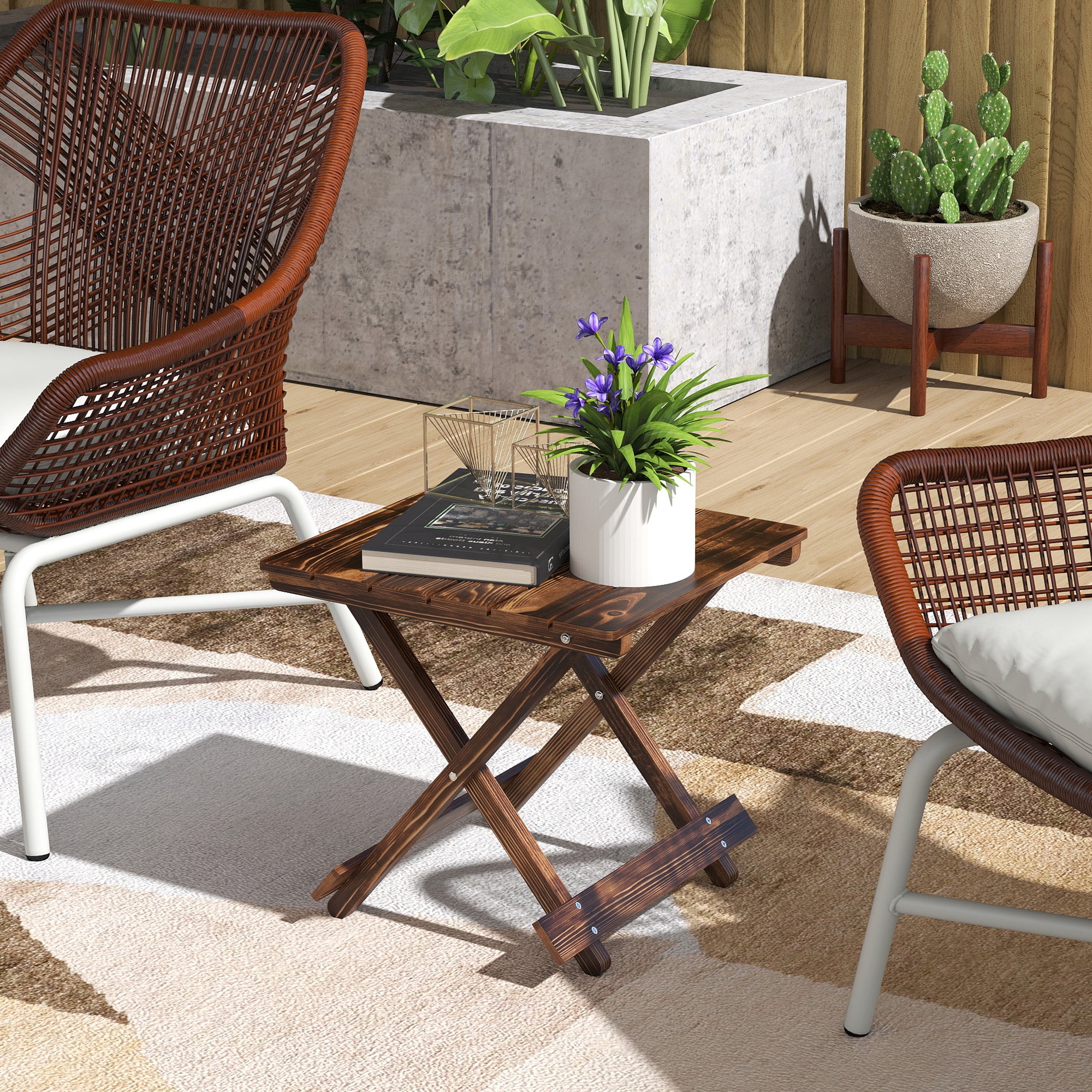 Outsunny Fir Wood Folding Coffee Table, Lightweight Small Garden Table with Slatted Top, Portable Folding Side Table for Balcony 