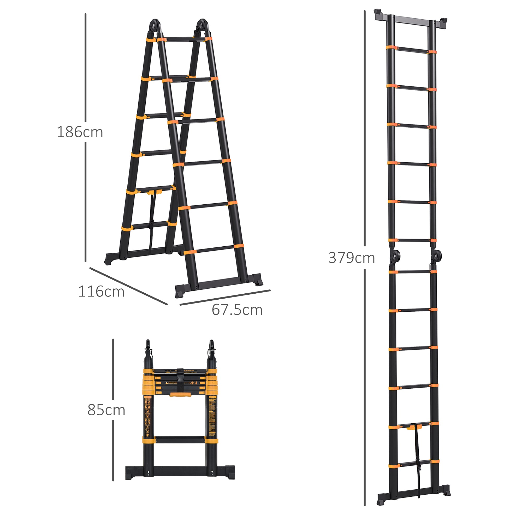 HOMCOM 3.8m Duo Aluminium Ladder w/ Tool Holder - Yellow 