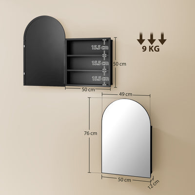 HOMCOM Bathroom Mirror Cabinet with Mirror, Arched Wall Mounted Bathroom Cabinet with Storage Shelves, Black 