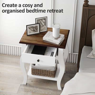 HOMCOM 2pcs Bedside Tables with Drawer, French Style Bedside Cabinets with Open Shelf for Bedroom, Living Room, White 