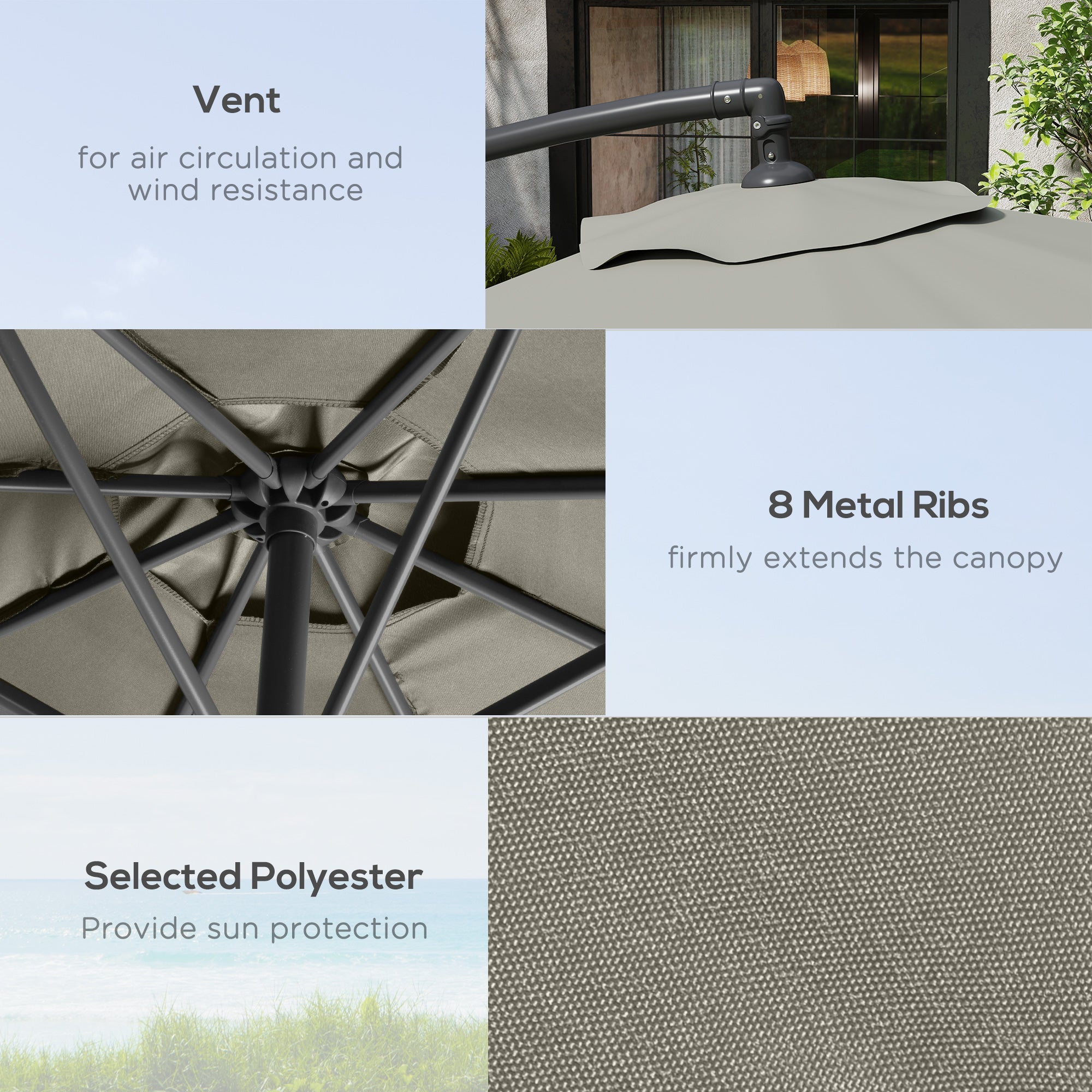 Outsunny 3m Overhanging Cantilever Parasol, with Cross Base - Light Grey 