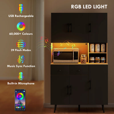 HOMCOM 176 cm Kitchen Cupboard with LED Lights - Oak and Black 