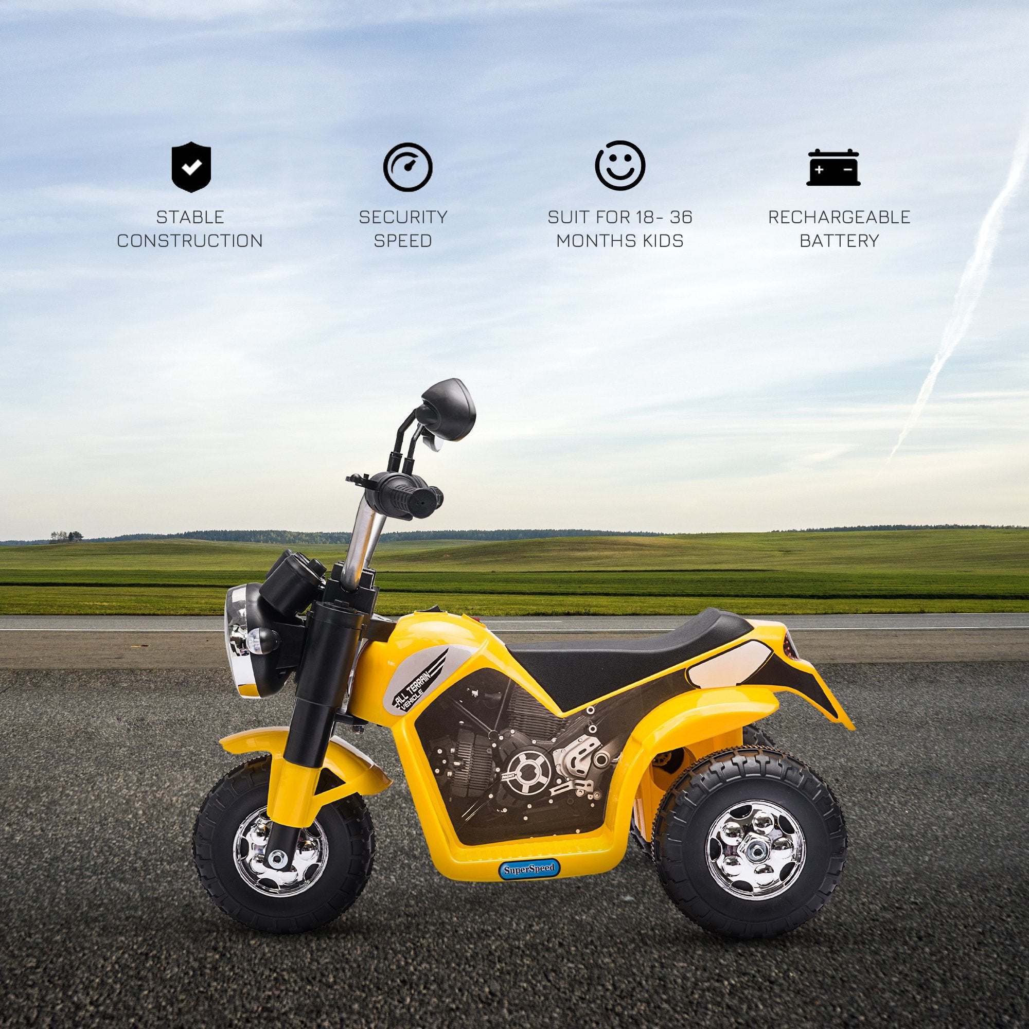 HOMCOM 6V Kids Electric Motorbike 3 Wheels Ride On Toy with Horn Headlights Realistic Sounds for Girl Boy 18 - 36 Months Yellow 