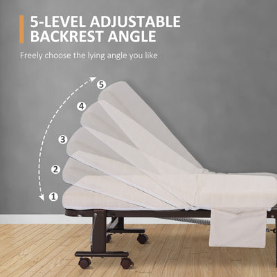 HOMCOM Folding Bed with Mattress, Single Guest Bed, Portable Fold Bed with Adjustable Backrest, Metal Frame on Wheels, White, 190 x 76 cm 