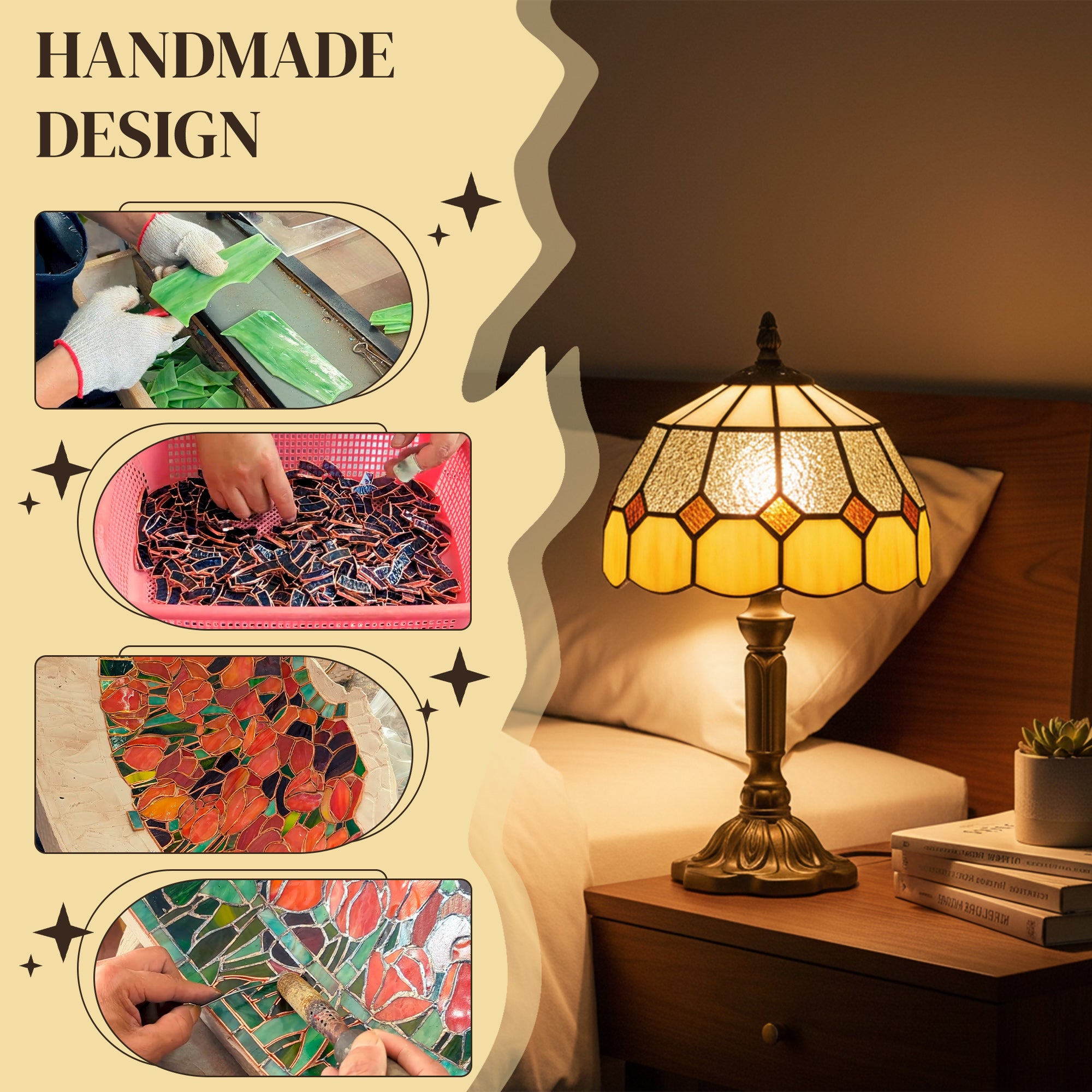 HOMCOM Handmade Art Deco Glass Table Lamp - White/Orange 