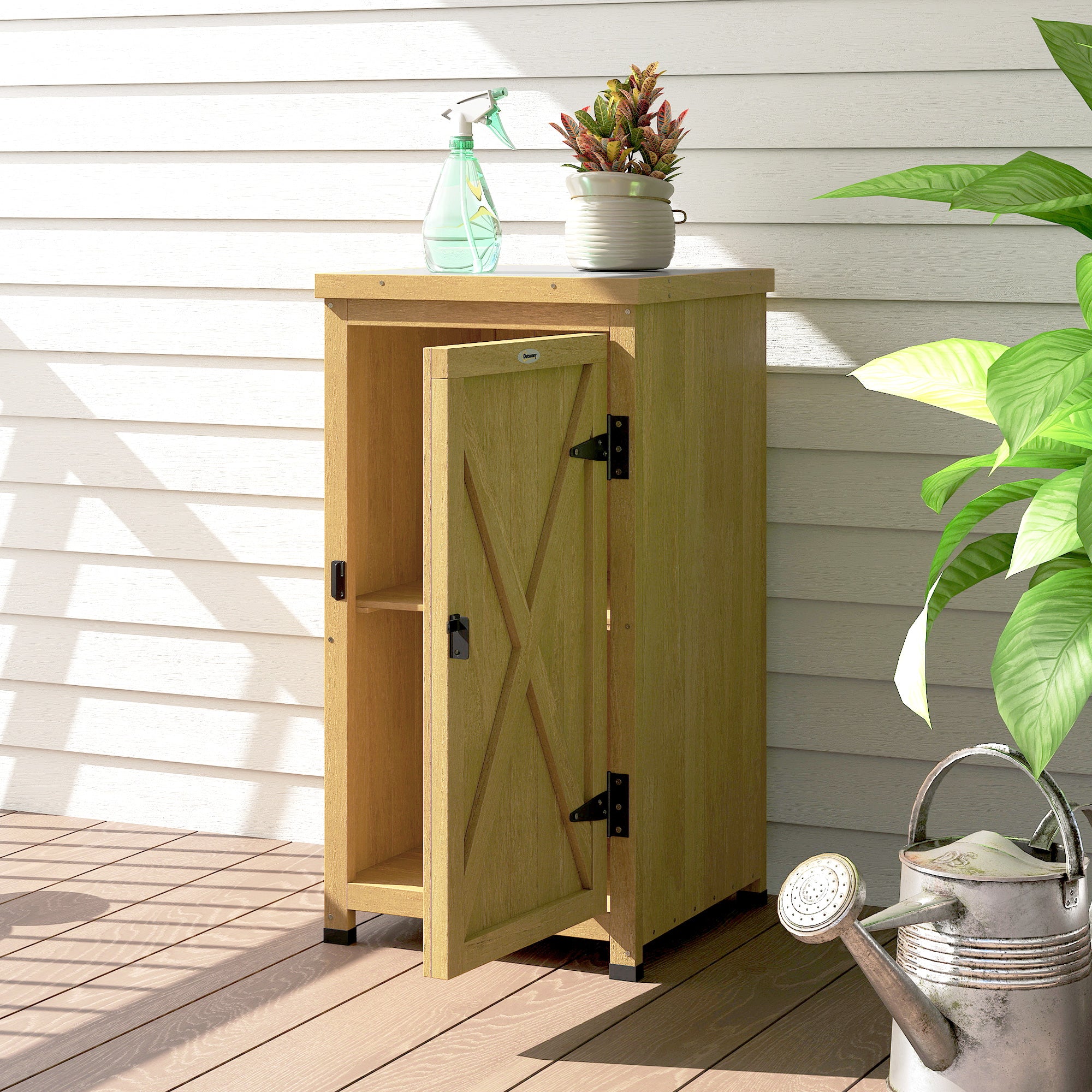 Outsunny Wooden Garden Shed, Garden Tool Storage Shed with Metal Top and Shelf, Light Brown 