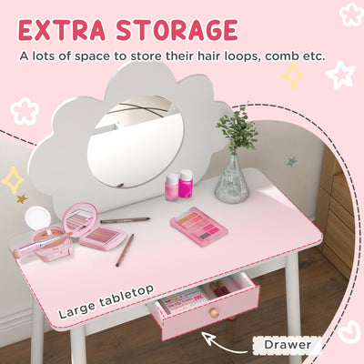 AIYAPLAY Kids Dressing Table with Mirror, Stool, Drawer, Cloud Design, White 