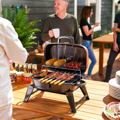 Outsunny Charcoal Barbecue Grill Folding BBQ Grill with 1232 cm² Cooking Area, Adjustable Vent, Thermometer, Handles for Camping Picnic, Red 