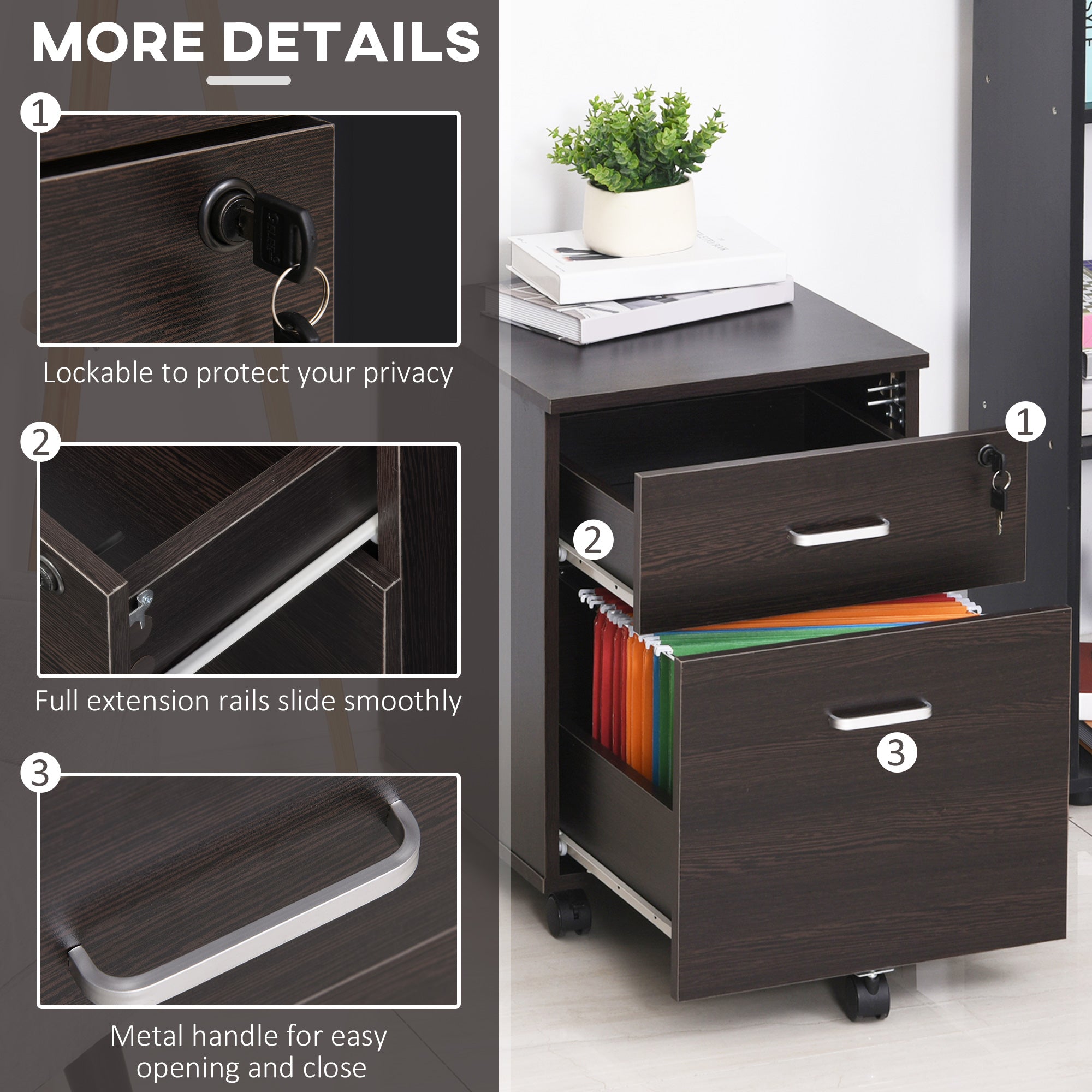 Vinsetto 2-Drawer Locking Office Filing Cabinet w/ 5 Wheels Rolling Storage Hanging Legal Letter Files Cupboard Home Organisation Black Wood Grain 