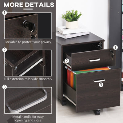 Vinsetto 2-Drawer Locking Office Filing Cabinet w/ 5 Wheels Rolling Storage Hanging Legal Letter Files Cupboard Home Organisation Black Wood Grain 