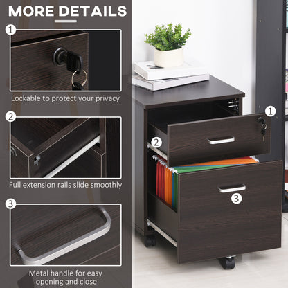 Vinsetto 2-Drawer Locking Office Filing Cabinet w/ 5 Wheels Rolling Storage Hanging Legal Letter Files Cupboard Home Organisation Black Wood Grain 