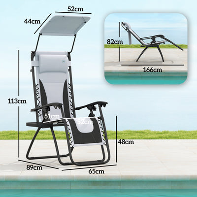 Outsunny Zero Gravity Lounger Chair Set of 2, Folding Reclining Patio Chair with Shade Cover, Padded Seat, Cup Holder, Soft Cushion and Headrest for Poolside, Camping, Light Grey 