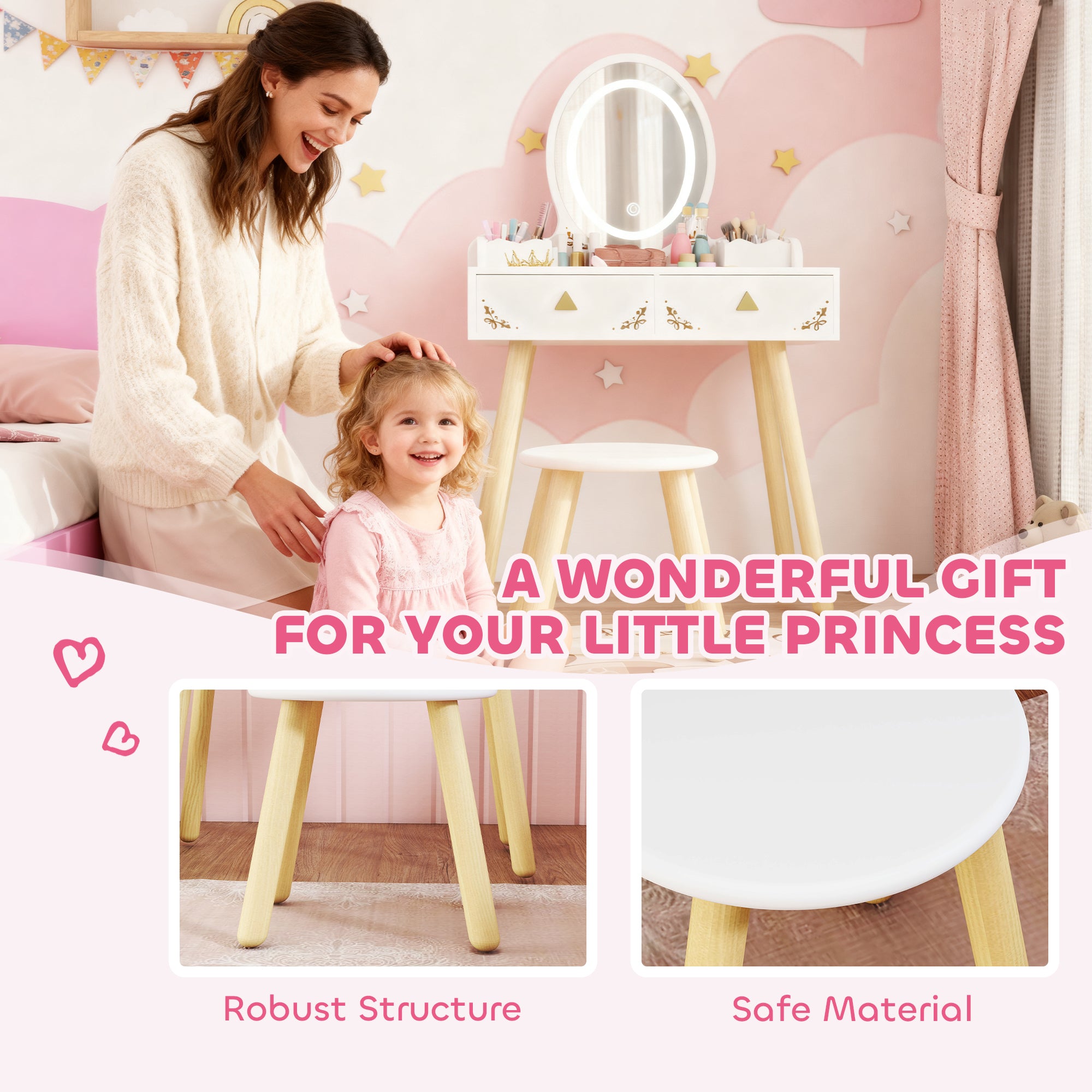 AIYAPLAY Kids Vanity Table and Chair Set with 3-Colour LED Lights Mirror, Drawer, Storage Boxes, for 3+ Years, White 