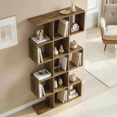 HOMCOM 5-Tier Bookshelf, S Shaped Geometric Bookcase with 15 Compartments, Rustic Brown 