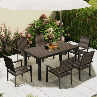 Outsunny 6 Seater Garden Dining Set with Stackable Chairs, Aluminium Frame, Rectangular Plastic Top, Garden Furniture Set, Outdoor Dining Table and Chairs for Patio, Balcony, Poolside, Brown 