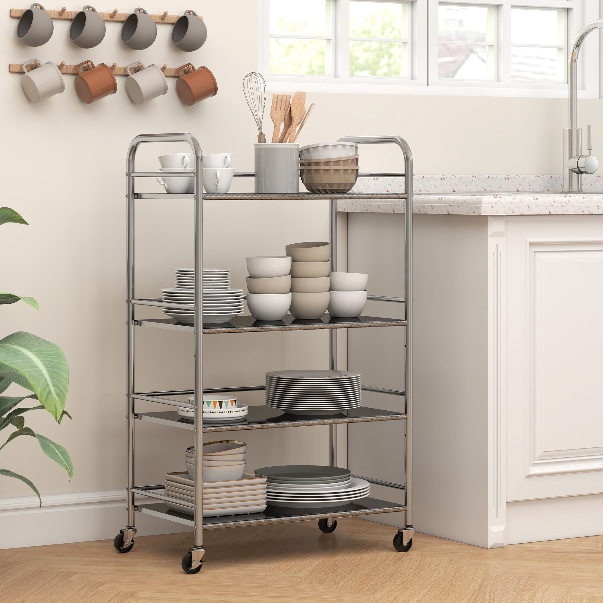 HOMCOM 4 Tier Stainless Steel Kitchen Storage Trolley with Adjustable Shelves - Silver 