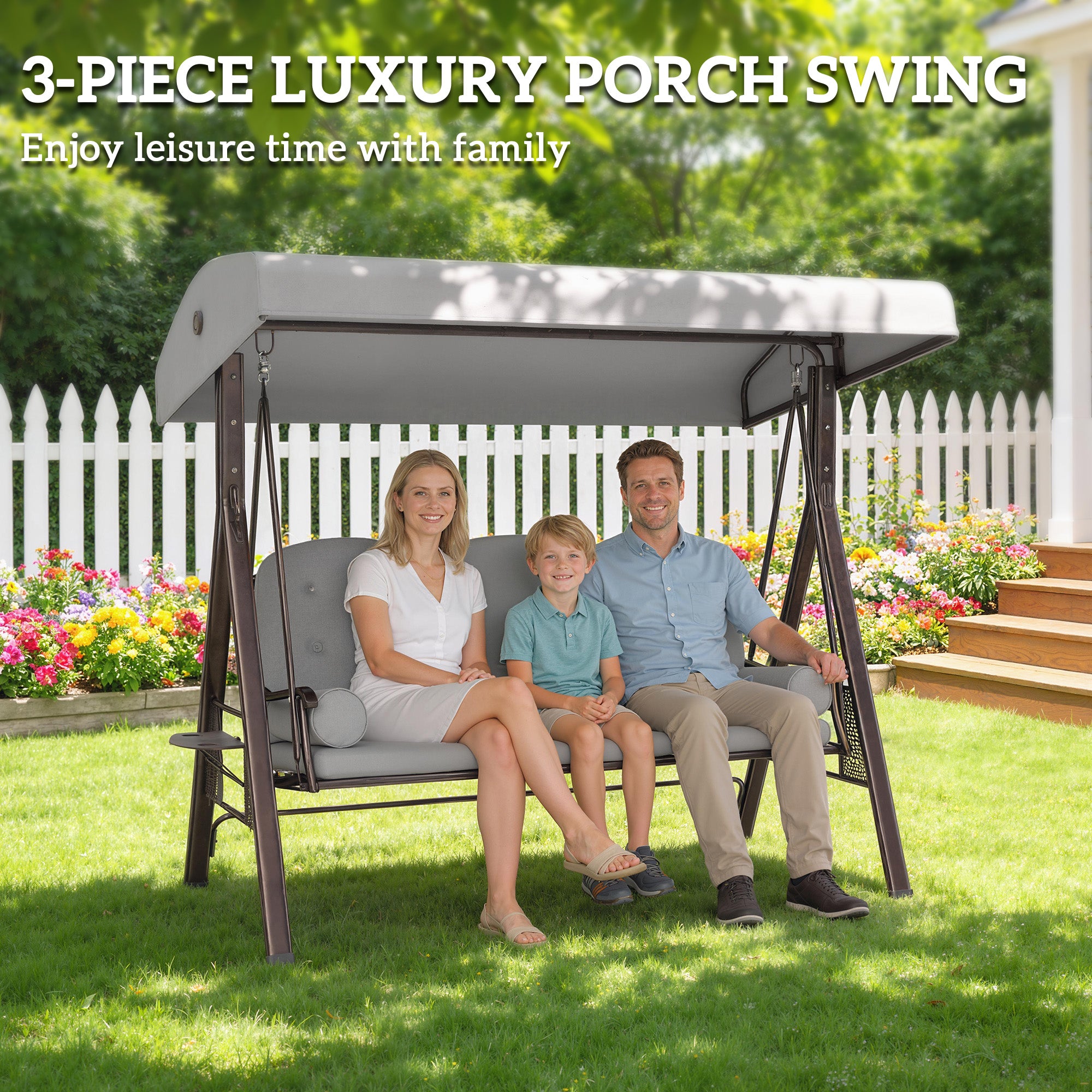 Outsunny 3 Seater Canopy Swing Chair, Outdoor Garden Swing Seat with Adjustable Canopy, Cushions and Cup Trays, Steel Frame, Light Grey 