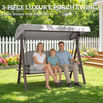 Outsunny 3 Seater Canopy Swing Chair, Outdoor Garden Swing Seat with Adjustable Canopy, Cushions and Cup Trays, Steel Frame, Light Grey 