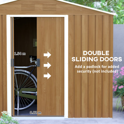 Outsunny 8 x 6ft Outdoor Garden Storage Shed, Metal Tool House with Ventilation and Sliding Doors Chocolate Wood Effect 