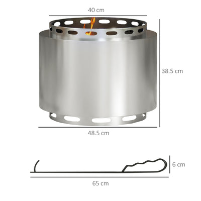 Outsunny Smokeless Fire Pit, 48.5cm Portable Wood Burning Firepit with Poker for Garden Camping Bonfire Party, Stainless Steel, Silver 