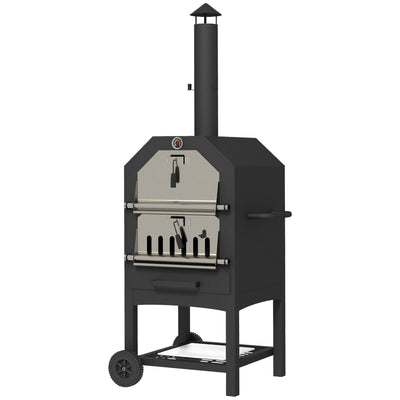 Outsunny Steel 3-Tier Outdoor Pizza Oven Charcoal BBQ Grill, Black 