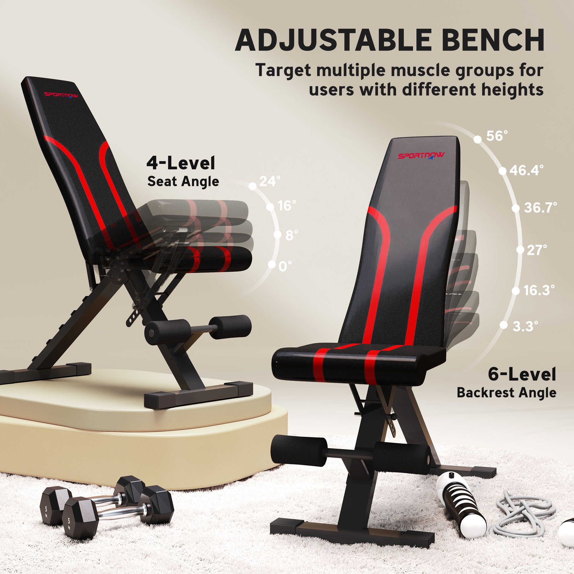 SPORTNOW Foldable Weight Bench, Adjustable Incline Flat Bench Press with 6-Level Backrest, 4-Level Seat, Leg Extension for Home Gym Workout Full Body Strength Training 