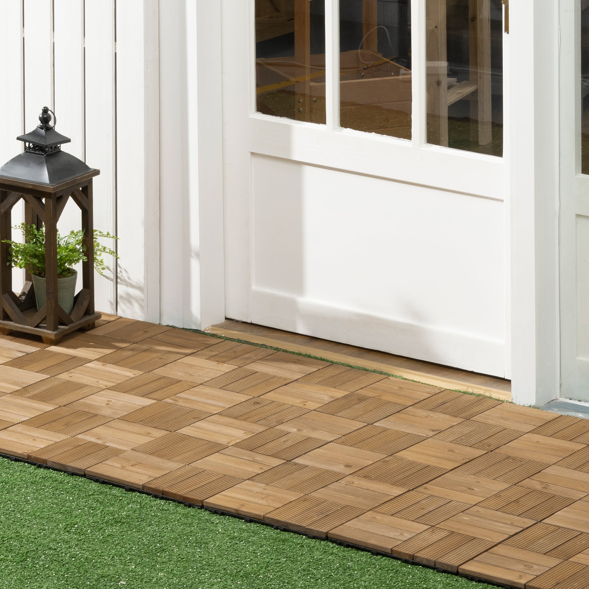 Outsunny 27 Pcs Wooden Interlocking Decking Tiles, Outdoor Flooring Tiles for Patio, Balcony, Terrace, Hot Tub, 30 x 30 cm per Piece, 2.5\'e3\'8e\'a1 per Pack, Brown