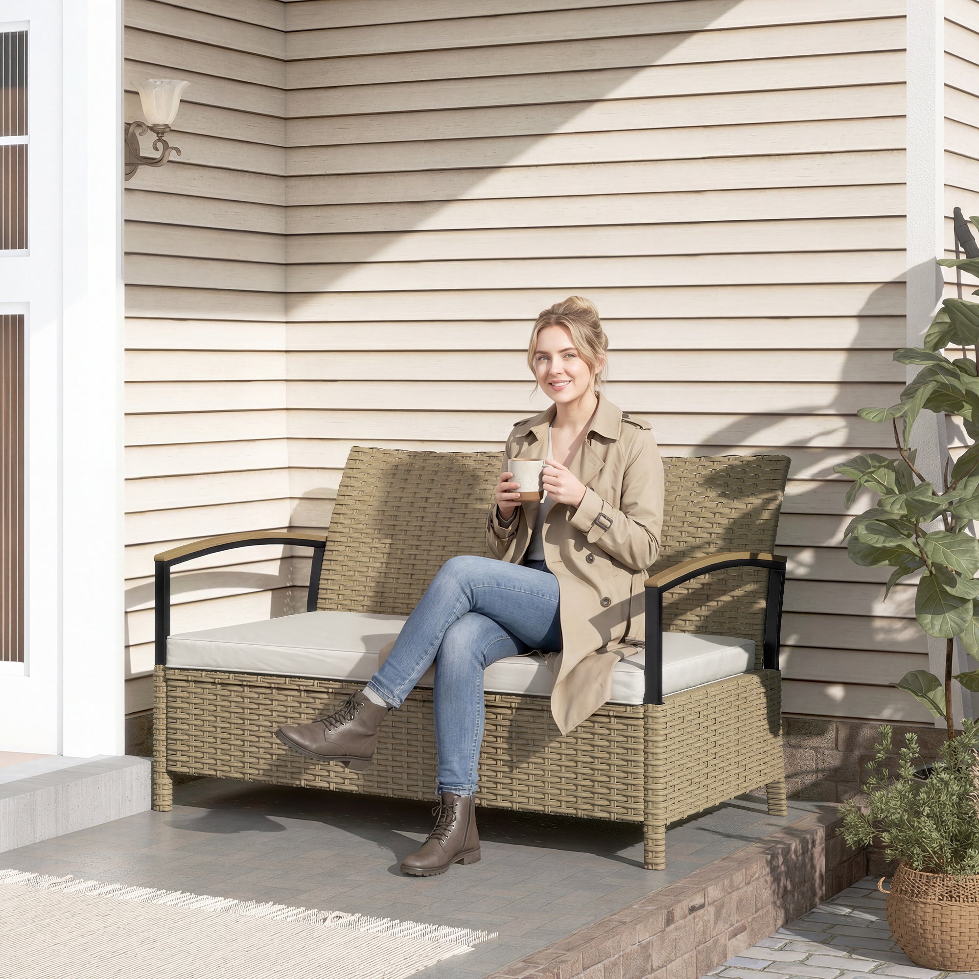 Outsunny 125L Garden Storage Bench, 2 Seater PE Rattan Outdoor Bench Storage Box with Padded Cushion, Khaki 