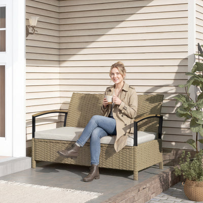 Outsunny 125L Garden Storage Bench, 2 Seater PE Rattan Outdoor Bench Storage Box with Padded Cushion, Khaki 
