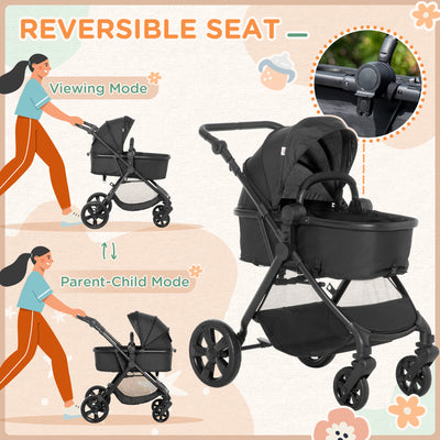 HOMCOM Foldable Baby Stoller, with Reclining Backrest, Adjustable Canopy, for Ages 0-36 Months - Black 