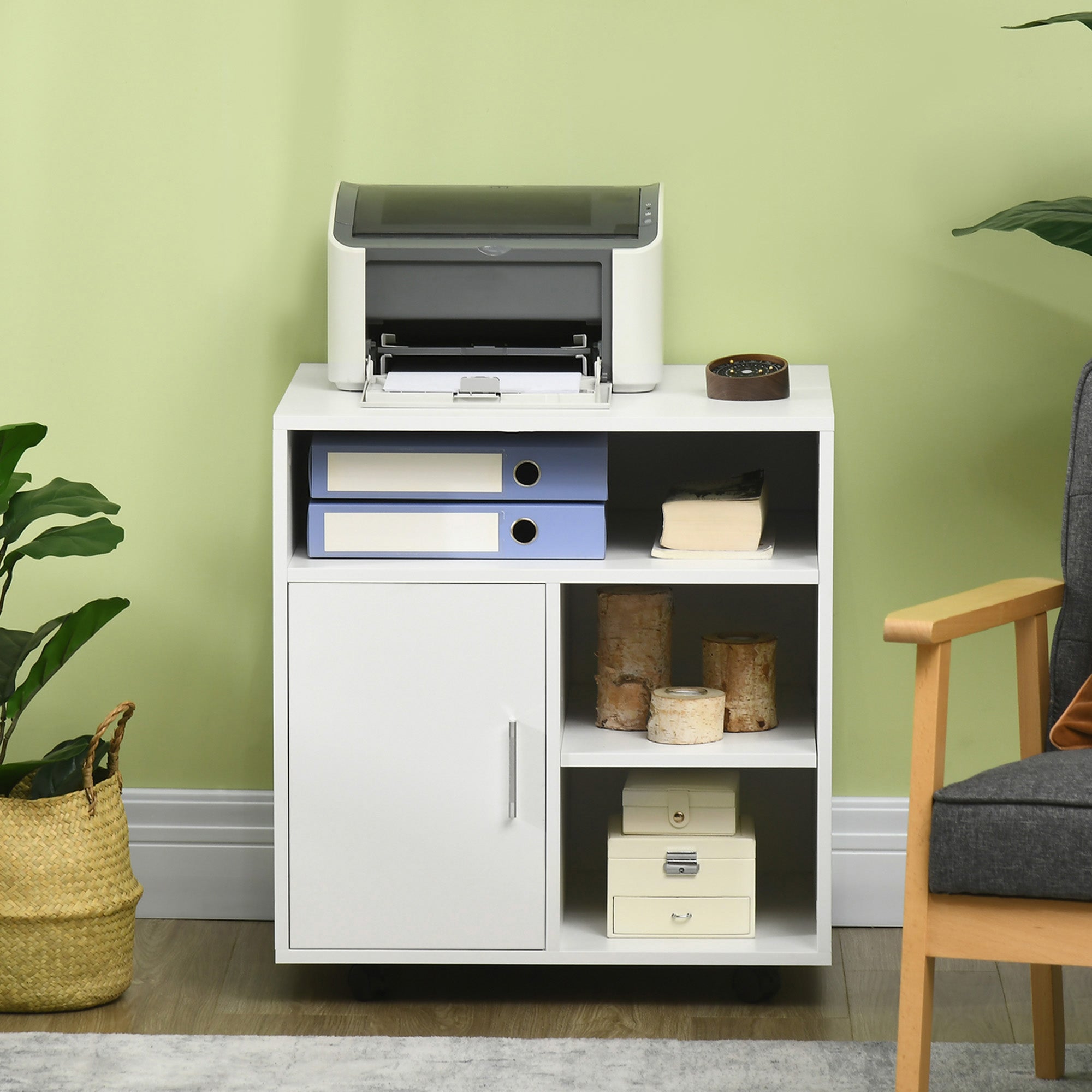 HOMCOM Multi-Storage Printer Stand Unit Office Desk Side Mobile Storage w/ Wheels Modern Style 60L x 50W x 65.5H cm - White 