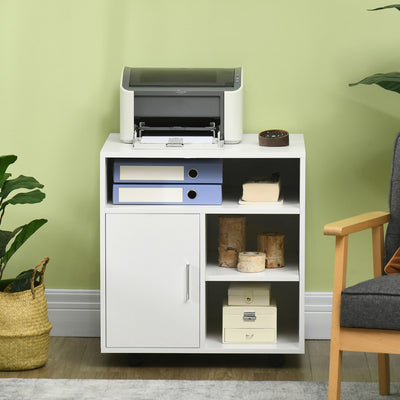 HOMCOM Multi-Storage Printer Stand Unit Office Desk Side Mobile Storage w/ Wheels Modern Style 60L x 50W x 65.5H cm - White 