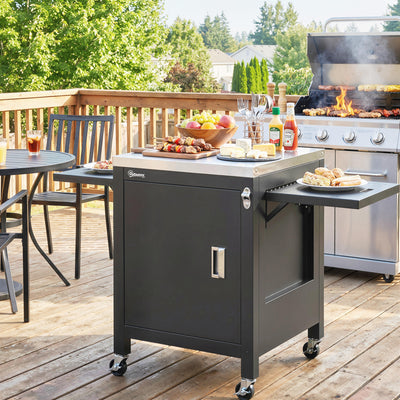 Outsunny Outdoor Grill Cart with Stainless Steel Tabletop, BBQ Table with a Cabinet, Towel Holder, Bottle Opener, Black 