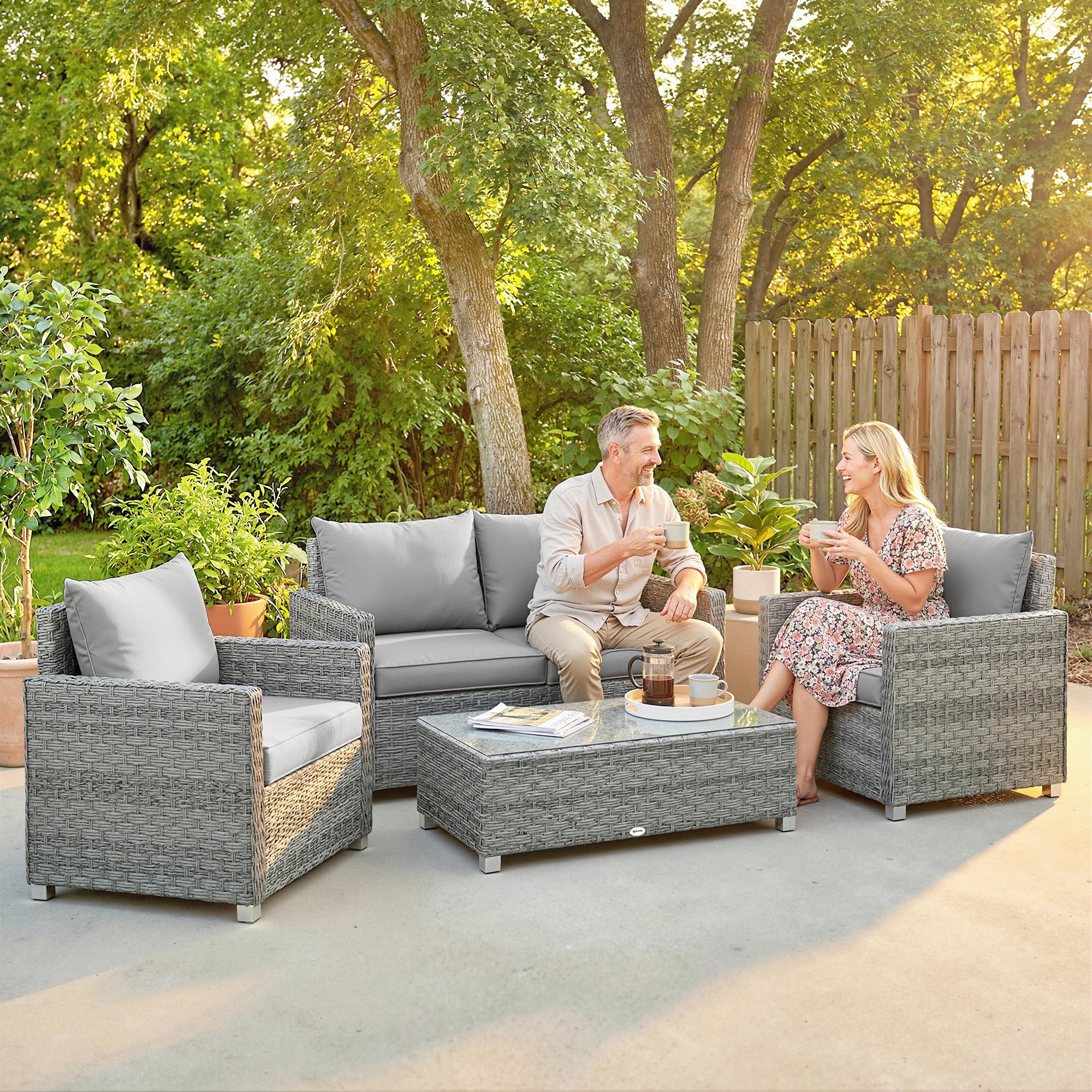 Outsunny 4 Piece Rattan Garden Furniture Set with Loveseat, 2 Armchairs, Glass-Top Table, Wicker Patio Conversation Set, Grey 